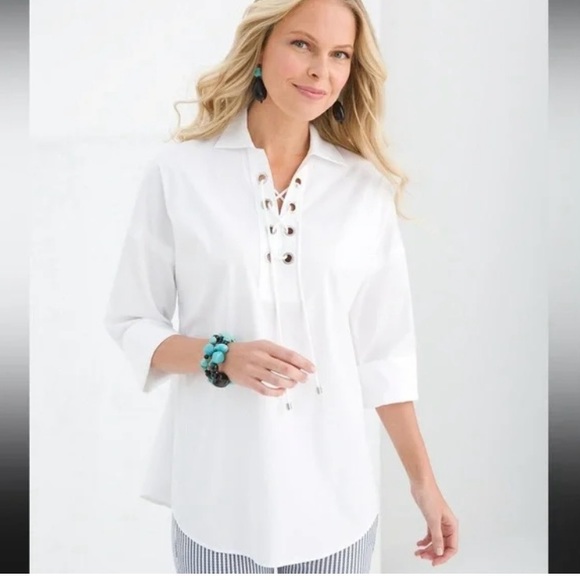 Chico’s NWT White Tie Neck Tunic Top Shirt Doleman 3/4 Sleeves Size 1= M - Picture 1 of 11